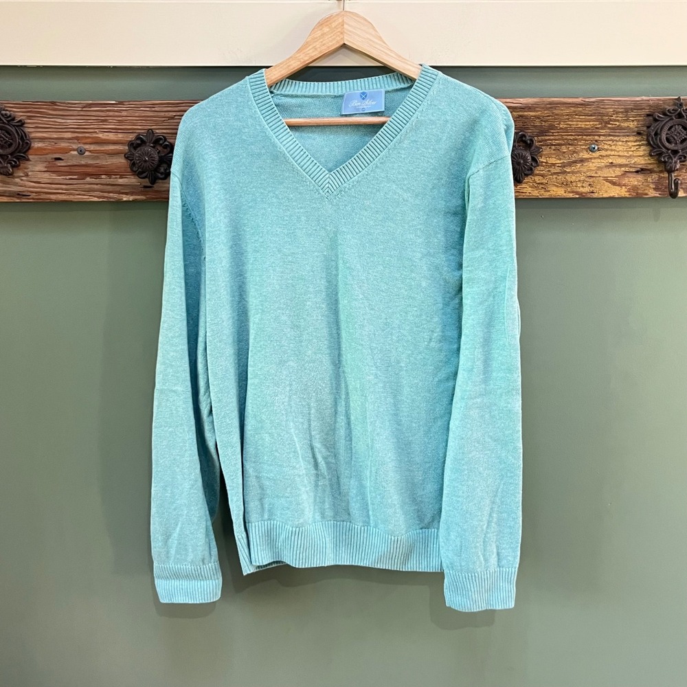 Ben Silver Charleston Mens V-Neck Sweater Large Turquoise 100% Pima Cotton Peru